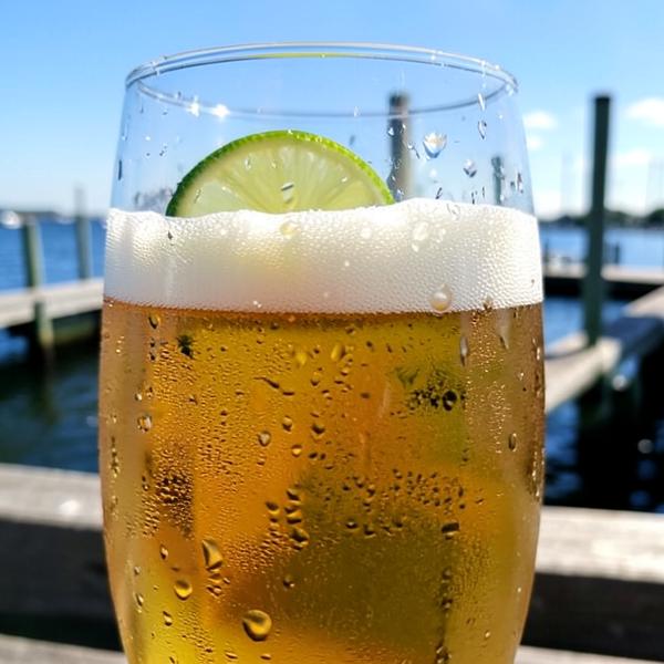 Frosty pint of lager with a lime wedge on a sunny dock