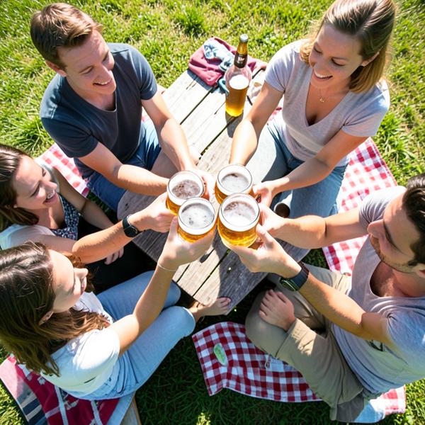 Friends toasting glasses of beer at a picnic table