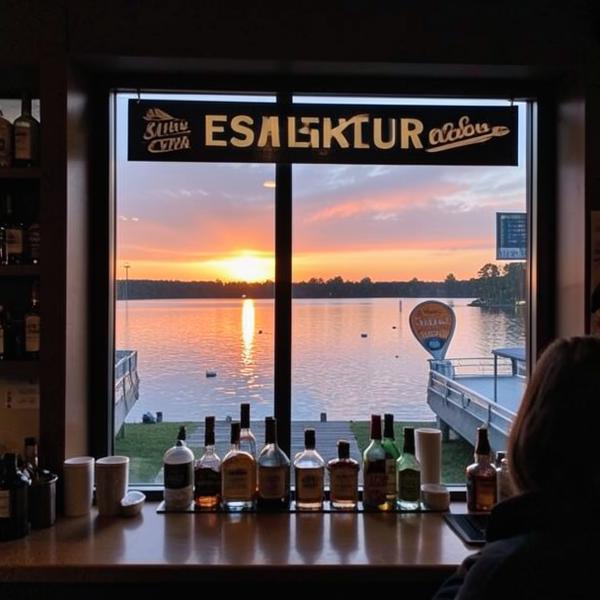 Sunset over the lake seen through the taproom window