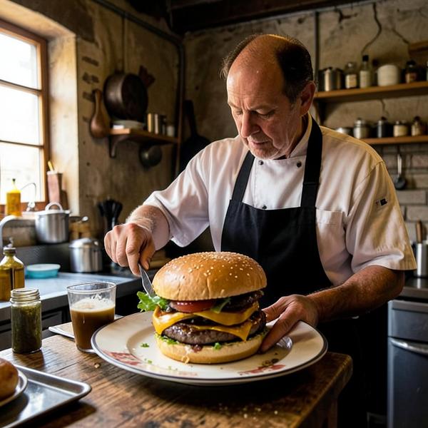 Chef plating a burger in the taproom kitchen