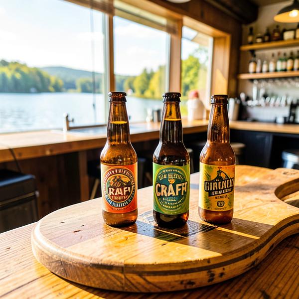 Flight of four craft beer samples on a wooden paddle board