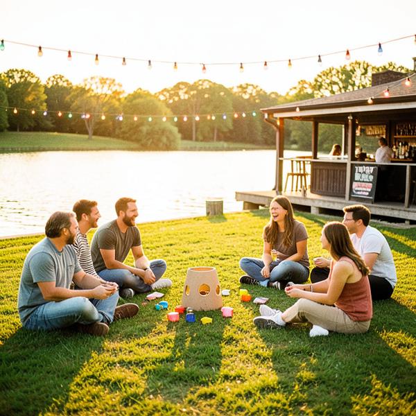 Friends playing cornhole on the lawn by the lake at golden hour