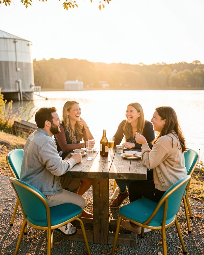 Friends laughing around a wooden table by the lake at golden hour